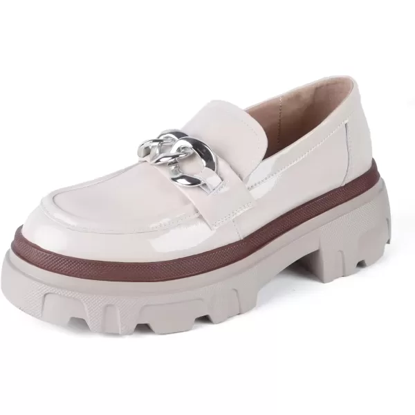 imageADAMUM Loafers for Women Lug Sole Platform Mid Chunky Loafers Classic Round Toe Slip On Office Chain Leather Loafers Comfortable Penny Casual ShoesBeige