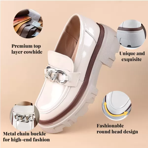 imageADAMUM Loafers for Women Lug Sole Platform Mid Chunky Loafers Classic Round Toe Slip On Office Chain Leather Loafers Comfortable Penny Casual ShoesBeige