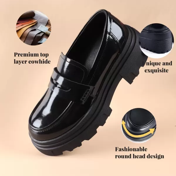 imageADAMUM Loafers for Women Lug Sole Platform Mid Chunky Loafers Classic Round Toe Slip On Office Chain Leather Loafers Comfortable Penny Casual ShoesBlackpatent