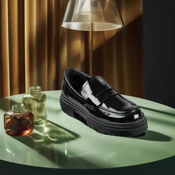 imageADAMUM Loafers for Women Lug Sole Platform Mid Chunky Loafers Classic Round Toe Slip On Office Chain Leather Loafers Comfortable Penny Casual ShoesBlackpatent