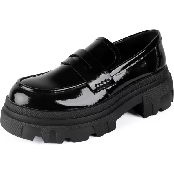 imageADAMUM Loafers for Women Lug Sole Platform Mid Chunky Loafers Classic Round Toe Slip On Office Chain Leather Loafers Comfortable Penny Casual ShoesBlackpatent