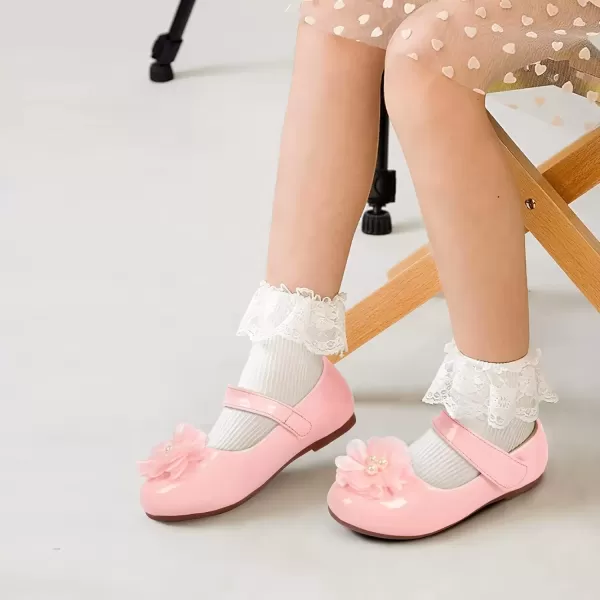 imageADAMUMU Toddler Dress Shoes Flower Girl Shoes for Weeding Cute Toddler Mary Jane Shoes Lace Flore Ballet Flat for Walking JumpingPearl Pink