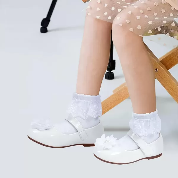 imageADAMUMU Toddler Dress Shoes Flower Girl Shoes for Weeding Cute Toddler Mary Jane Shoes Lace Flore Ballet Flat for Walking JumpingPearl White