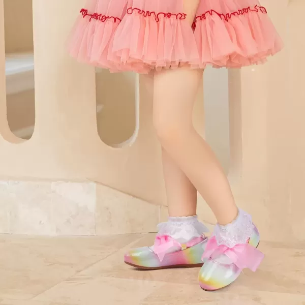 imageADAMUMU Toddler Dress Shoes Flower Girl Shoes for Weeding Cute Toddler Mary Jane Shoes Lace Flore Ballet Flat for Walking JumpingTie Up Rainbow