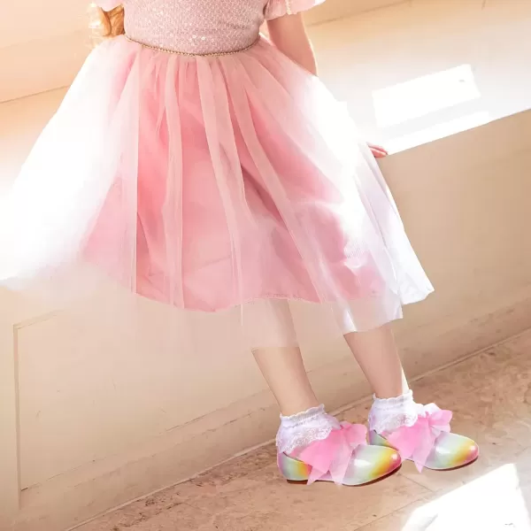 imageADAMUMU Toddler Dress Shoes Flower Girl Shoes for Weeding Cute Toddler Mary Jane Shoes Lace Flore Ballet Flat for Walking JumpingTie Up Rainbow