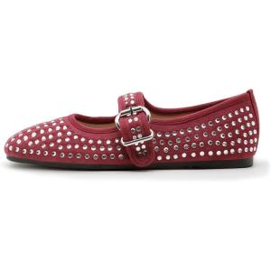 imageADAMUMU Rhinestone Flats for Women Sparkly Crystals Ballerina Shoes Crystals Sparkly Mary Jane Flats Round Toe Buckle Strap Design Comfortable and Non Slip Sole Flat for Daily Wear and WorkRed