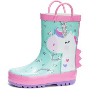 imageADAMUMU Toddler Kids Rain Boots Childrens Waterproof Rubber Shoes with EasyOn Handles Lightweight in Cartoon Patterns for Boys ampamp GirlsPink Green Unicorn