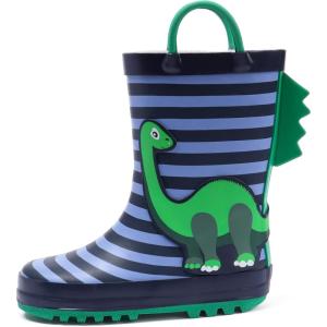 imageADAMUMU Toddler Kids Rain Boots Childrens Waterproof Rubber Shoes with EasyOn Handles Lightweight in Cartoon Patterns for Boys ampamp GirlsStriped Dinosaur