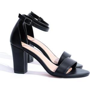 imageADAMUMU Womens White Block Chunky Heels Open Toe Buckle Ankle Strap Black Prom Thick Heels 8cm Sexy Nude Block Heels for Daily Work Party Wedding Evening