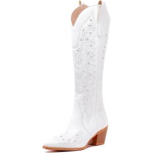 imageADAMUMU Womens Wide Calf Cowboy Boots Classic WesternStyle Cowboys Boots for Women Pointed Toe Womens Cowgirl Boots with Chunky Heel NonSlip Sole for Adding Timeless Elegance to Your WardrobeWhite