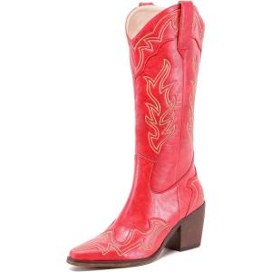 imageADAMUMU Womens Wide Calf Cowboy Boots Classic WesternStyle Cowboys Boots for Women Pointed Toe Womens Cowgirl Boots with Chunky Heel NonSlip Sole for Adding Timeless Elegance to Your WardrobeRed