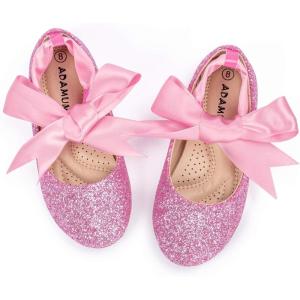 imageADAMUMU Girls Dress Shoes Princess Mary Jane Shoes Slip on Casual Toddler Girl Ballet Flats with Bowknot Flower Elastic Band in Party Wedding Dress Up CostumeGlitter Pink 8m