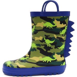 imageADAMUMU Toddler Kids Rain Boots Childrens Waterproof Rubber Shoes with EasyOn Handles Lightweight in Cartoon Patterns for Boys ampamp GirlsBlue Green Dinosaur