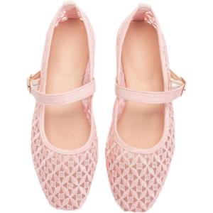 imageADAMUMU Womens Lace Mary Jane Flats  Breathable Mesh Square Toe Ballet Shoes with Buckle Strap for Casual ampamp Dressy WearPink