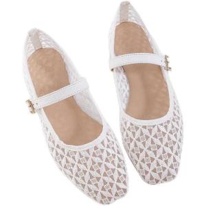imageADAMUMU Womens Lace Mary Jane Flats  Breathable Mesh Square Toe Ballet Shoes with Buckle Strap for Casual ampamp Dressy WearWhite