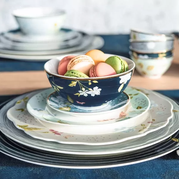 Laura Ashley 10" Candy Stripe Dinner Plate Set in Giftbox - Porcelain Dining Plates - Microwave Safe Ceramic Dinnerware - Blueprint Collectable, White