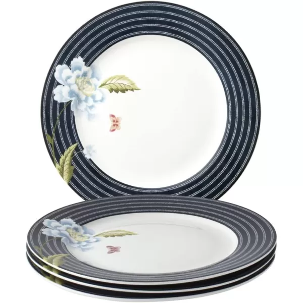 Laura Ashley 10" Candy Stripe Dinner Plate Set in Giftbox - Porcelain Dining Plates - Microwave Safe Ceramic Dinnerware - Blueprint Collectable, White