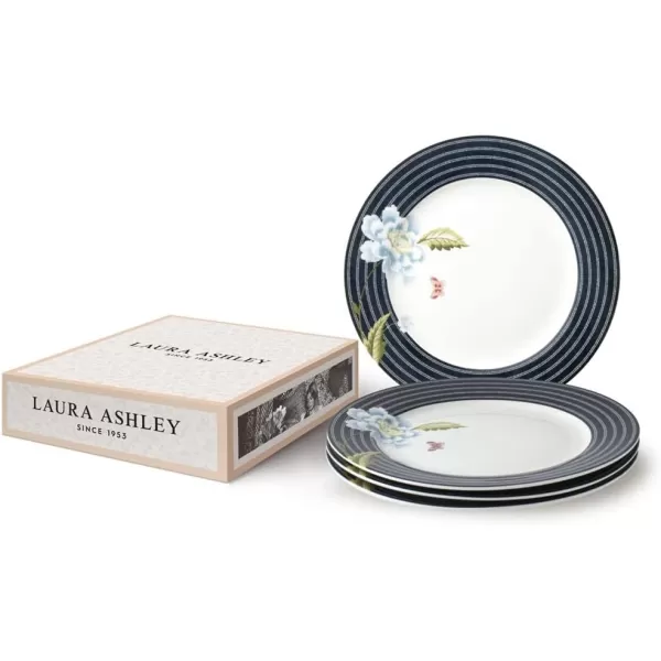 Laura Ashley 10" Candy Stripe Dinner Plate Set in Giftbox - Porcelain Dining Plates - Microwave Safe Ceramic Dinnerware - Blueprint Collectable, White