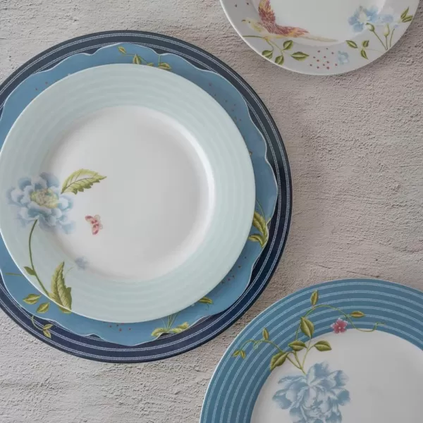 Laura Ashley 10" Candy Stripe Dinner Plate Set in Giftbox - Porcelain Dining Plates - Microwave Safe Ceramic Dinnerware - Blueprint Collectable, White