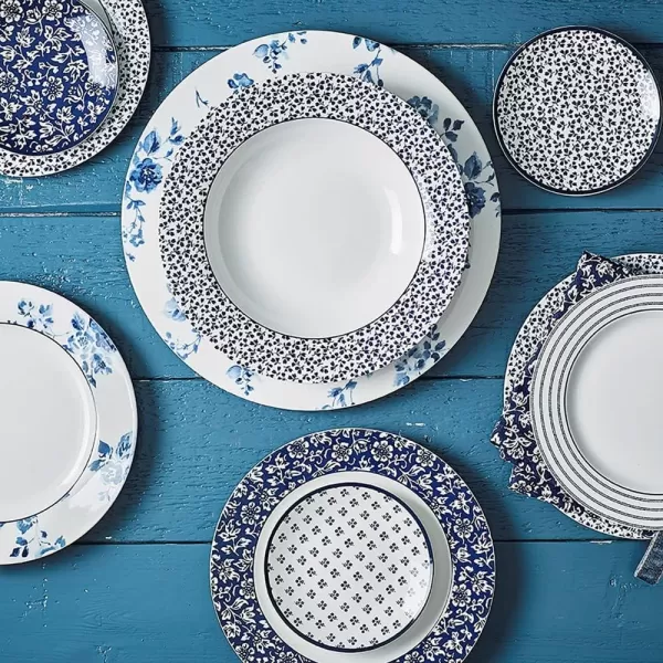 Laura Ashley 10" Candy Stripe Dinner Plate Set in Giftbox - Porcelain Dining Plates - Microwave Safe Ceramic Dinnerware - Blueprint Collectable, White