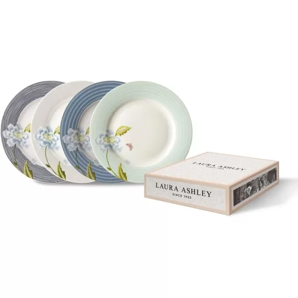 Laura Ashley 10" Candy Stripe Dinner Plate Set in Giftbox - Porcelain Dining Plates - Microwave Safe Ceramic Dinnerware - Blueprint Collectable, White