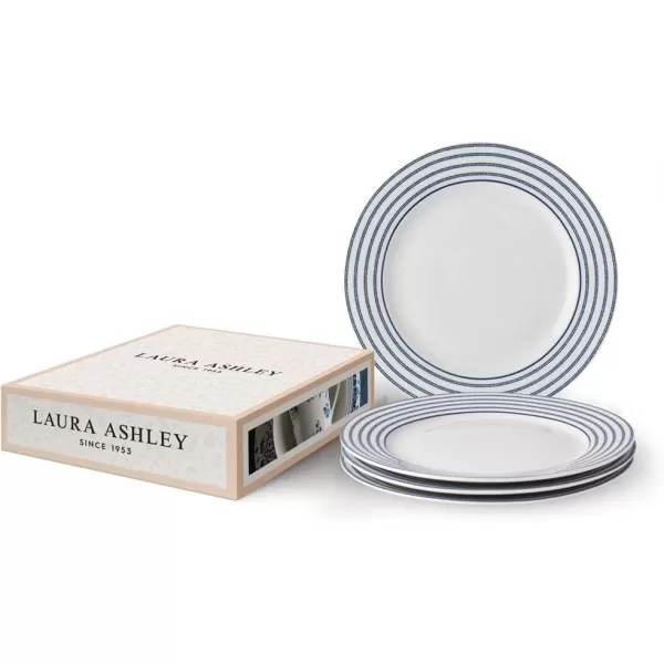 Laura Ashley 10" Candy Stripe Dinner Plate Set in Giftbox - Porcelain Dining Plates - Microwave Safe Ceramic Dinnerware - Blueprint Collectable, White