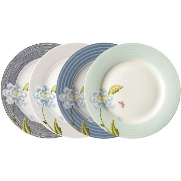 Laura Ashley 10" Candy Stripe Dinner Plate Set in Giftbox - Porcelain Dining Plates - Microwave Safe Ceramic Dinnerware - Blueprint Collectable, White
