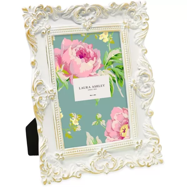Laura Ashley 4x4 White Ornate Textured Hand-Crafted Resin Picture Frame with Easel &amp; Hook for Tabletop &amp; Wall Display, Decorative Floral Design Home Décor, Photo Gallery, Art, More 