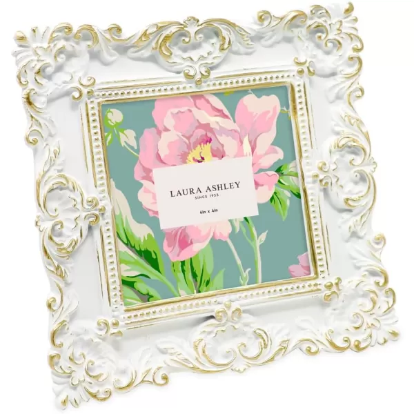 Laura Ashley 4x4 White Ornate Textured Hand-Crafted Resin Picture Frame with Easel &amp; Hook for Tabletop &amp; Wall Display, Decorative Floral Design Home Décor, Photo Gallery, Art, More 