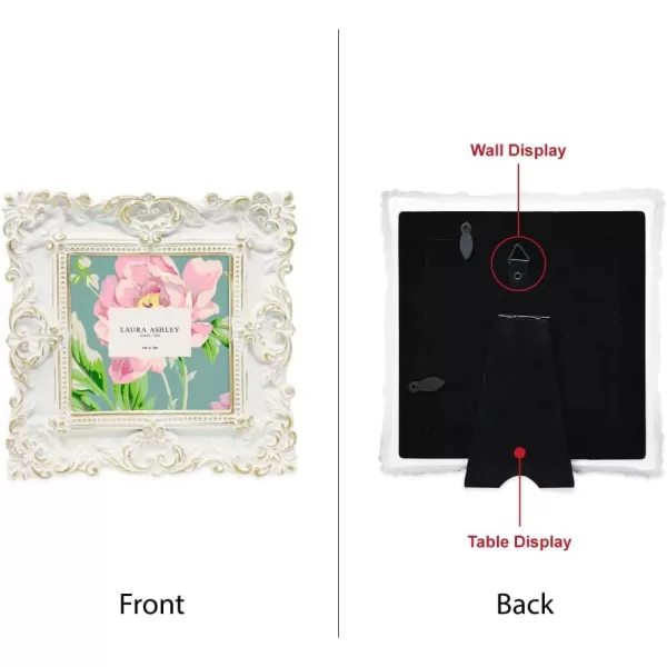 Laura Ashley 4x4 White Ornate Textured Hand-Crafted Resin Picture Frame with Easel &amp; Hook for Tabletop &amp; Wall Display, Decorative Floral Design Home Décor, Photo Gallery, Art, More 