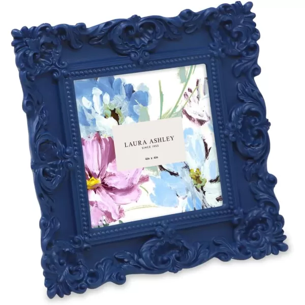 Laura Ashley 4x4 White Ornate Textured Hand-Crafted Resin Picture Frame with Easel &amp; Hook for Tabletop &amp; Wall Display, Decorative Floral Design Home Décor, Photo Gallery, Art, More 