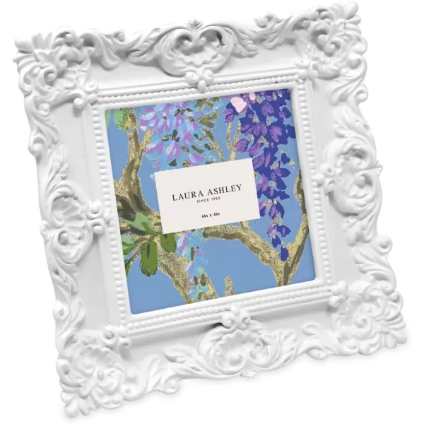 Laura Ashley 4x4 White Ornate Textured Hand-Crafted Resin Picture Frame with Easel &amp; Hook for Tabletop &amp; Wall Display, Decorative Floral Design Home Décor, Photo Gallery, Art, More 