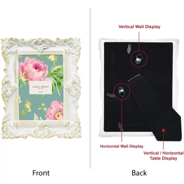 Laura Ashley 4x4 White Ornate Textured Hand-Crafted Resin Picture Frame with Easel &amp; Hook for Tabletop &amp; Wall Display, Decorative Floral Design Home Décor, Photo Gallery, Art, More 