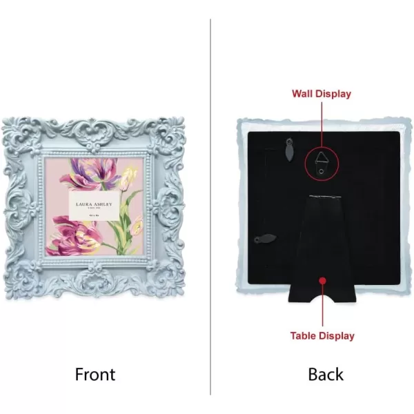 Laura Ashley 4x4 White Ornate Textured Hand-Crafted Resin Picture Frame with Easel &amp; Hook for Tabletop &amp; Wall Display, Decorative Floral Design Home Décor, Photo Gallery, Art, More 