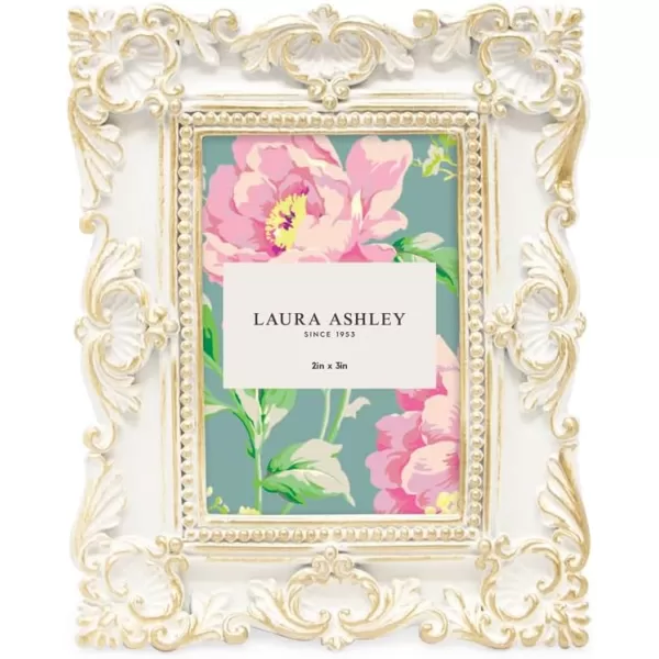 Laura Ashley 4x4 White Ornate Textured Hand-Crafted Resin Picture Frame with Easel &amp; Hook for Tabletop &amp; Wall Display, Decorative Floral Design Home Décor, Photo Gallery, Art, More 
