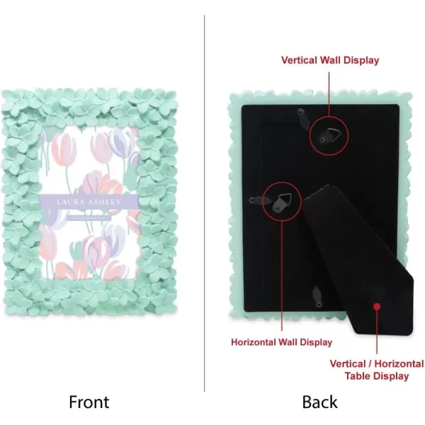 Laura Ashley 4x6 Mint Green Flower Textured Hand-Crafted Resin Picture Frame w/Easel &amp; Hook for Tabletop &amp; Wall Display, Decorative Floral Design Home Décor, Photo Gallery, Art 
