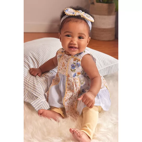 Laura Ashley Baby Girl's 3-Pack Sleeveless Patchwork Tunic Dress Top, Legging Pant and Bow Headband Set
