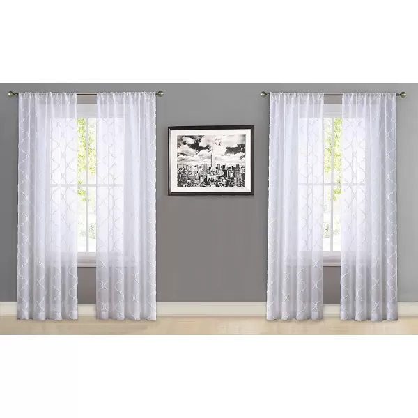 Laura Ashley Berwyn Lattice Sheer Curtains with Rod Pocket, Each Panel Measures 38"W x 84"L, White, 2 Panels