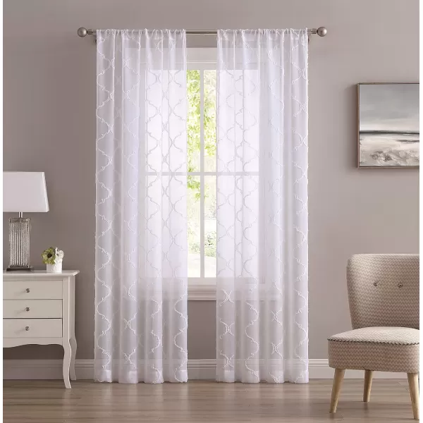 Laura Ashley Berwyn Lattice Sheer Curtains with Rod Pocket, Each Panel Measures 38"W x 84"L, White, 2 Panels