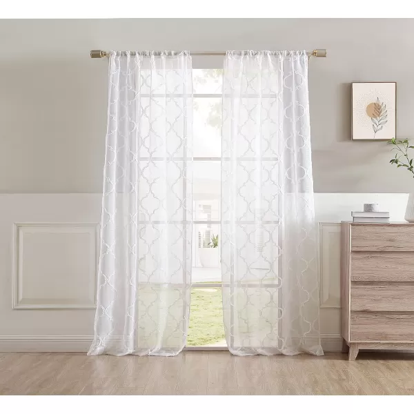 Laura Ashley Berwyn Lattice Sheer Curtains with Rod Pocket, Each Panel Measures 38"W x 84"L, White, 2 Panels