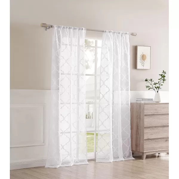 Laura Ashley Berwyn Lattice Sheer Curtains with Rod Pocket, Each Panel Measures 38"W x 84"L, White, 2 Panels
