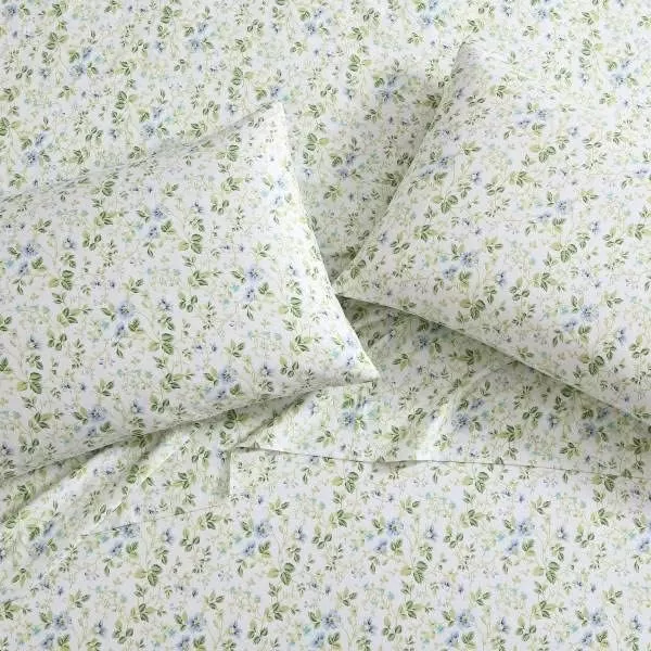 Laura Ashley Home - Full Sheets, Soft Sateen Cotton Bedding Set - Sleek, Smooth, &amp; Breathable Home Decor,Blossoming Blue