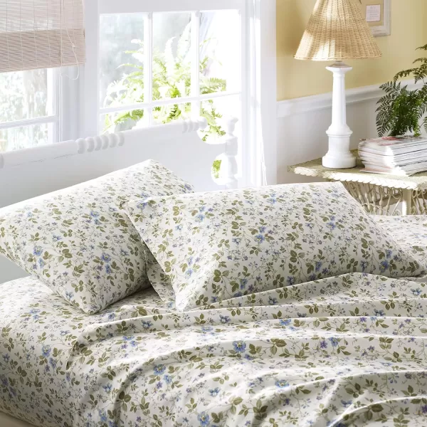 Laura Ashley Home - Full Sheets, Soft Sateen Cotton Bedding Set - Sleek, Smooth, &amp; Breathable Home Decor,Blossoming Blue
