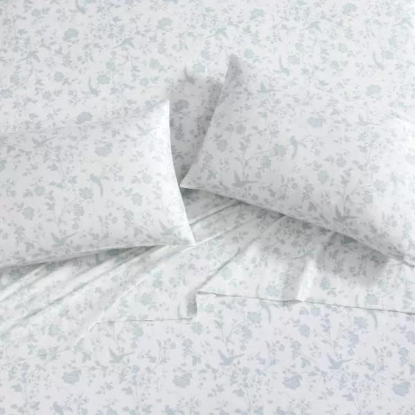 Laura Ashley Home - Full Sheets, Soft Sateen Cotton Bedding Set - Sleek, Smooth, &amp; Breathable Home Decor,Blossoming Blue