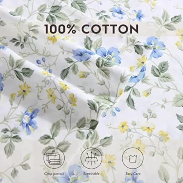 Laura Ashley Home - Full Sheets, Soft Sateen Cotton Bedding Set - Sleek, Smooth, &amp; Breathable Home Decor,Blossoming Blue
