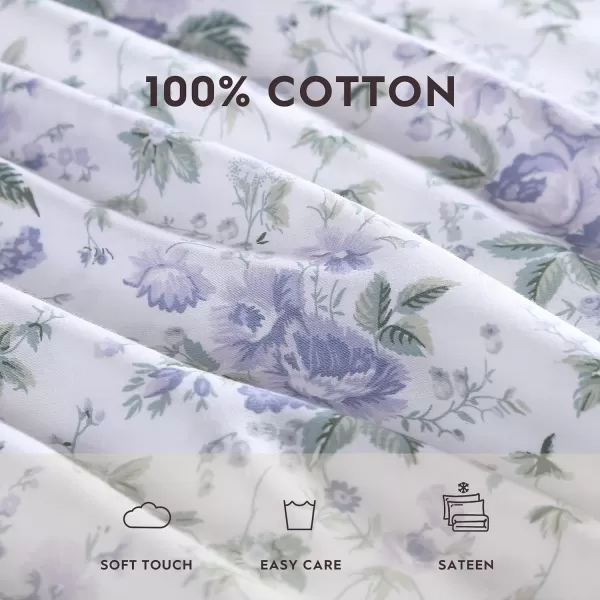 Laura Ashley Home - Full Sheets, Soft Sateen Cotton Bedding Set - Sleek, Smooth, &amp; Breathable Home Decor,Blossoming Blue