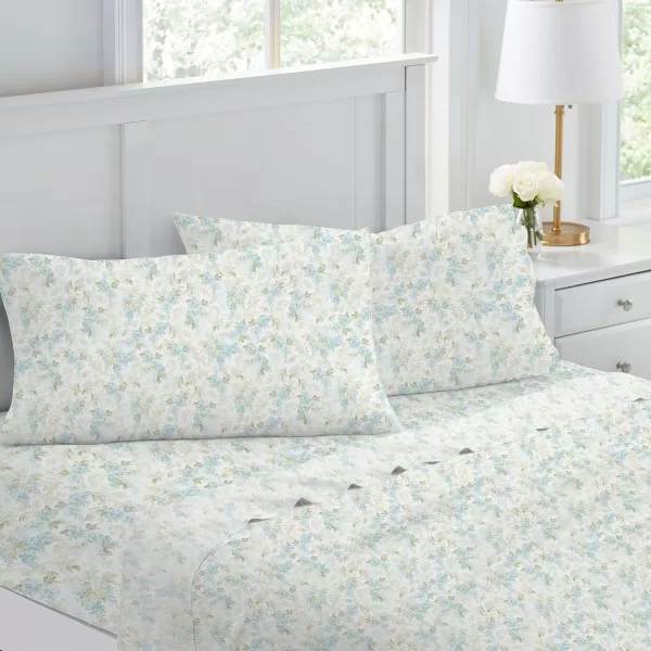 Laura Ashley Home - Full Sheets, Soft Sateen Cotton Bedding Set - Sleek, Smooth, &amp; Breathable Home Decor,Blossoming Blue