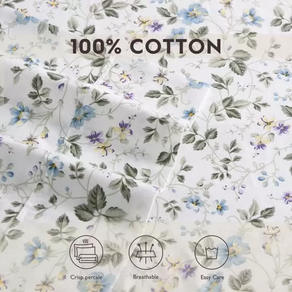 Laura Ashley Home - Full Sheets, Soft Sateen Cotton Bedding Set - Sleek, Smooth, &amp; Breathable Home Decor,Blossoming Blue