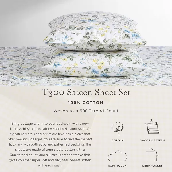 Laura Ashley Home - Full Sheets, Soft Sateen Cotton Bedding Set - Sleek, Smooth, &amp; Breathable Home Decor,Blossoming Blue