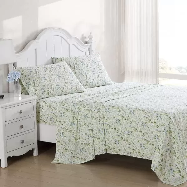 Laura Ashley Home - Full Sheets, Soft Sateen Cotton Bedding Set - Sleek, Smooth, &amp; Breathable Home Decor,Blossoming Blue